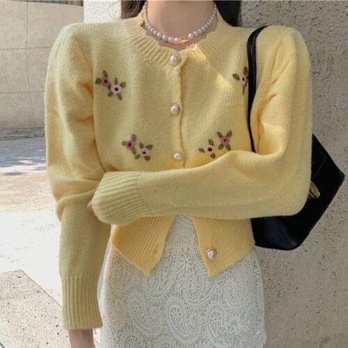 Vintage Floral Crochet Crop Cardigan Crop Top Women 2021 Autumn Cute Cardigans Korean Fashion O Neck Pearl Buttons Sweater Coat