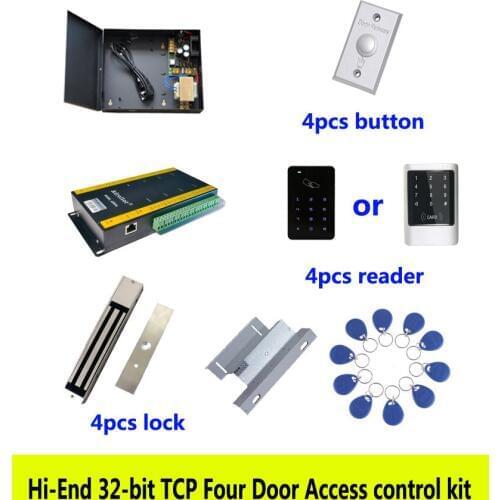 Hi-end access control kit,TCP four door+power+280kg magnetic lock+ZL-bracket+ID touch keypad reader+button+10 ID tag,kit-AT408