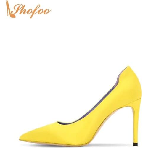 Yellow Satin Stiletto High Heels Women Pumps Pointed Toe Slip On Large Size 15 16 Ladies Summer Fashion New Mature Shoes Shofoo
