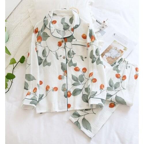 Women Spring Pajamas Cotton Gauze Crepe Sleepwear Long Sleeve Print Two Piece Set Loungewear Thin Casual Loose Home Clothes 2020