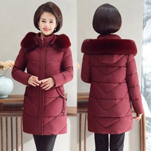 Winter jacket womens mid-length parka temperament mother wear large fur collar hooded cotton jacket