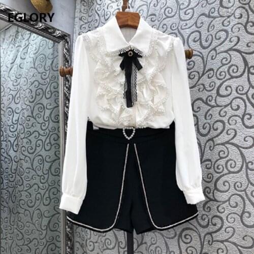 High Quality Womens Set 2021 Spring Short Sets Ladies Turn-down Collar Ruffle Sexy White Shirts+Beading Deco Black Short Suits