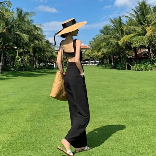 2021 Ladies Sexy Romper Women ElegantTemperament black backlessPuff sleeveless High Waist Female Loose Wide Leg Playsuits