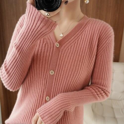 Womens Cardigan Knitted Sweater Female Long Sleeve V-neck 100% Wool Jacket Autumn Spring Loose Cashmere Coat Plus Size Tops