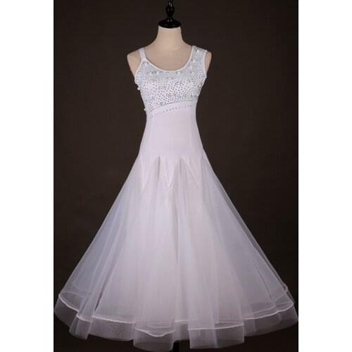 Modern Ballroom Dance Dress Women/Girls National Standard Dance Costume White Pearl Diamond Lace Long Skirt For Waltz DQL2982