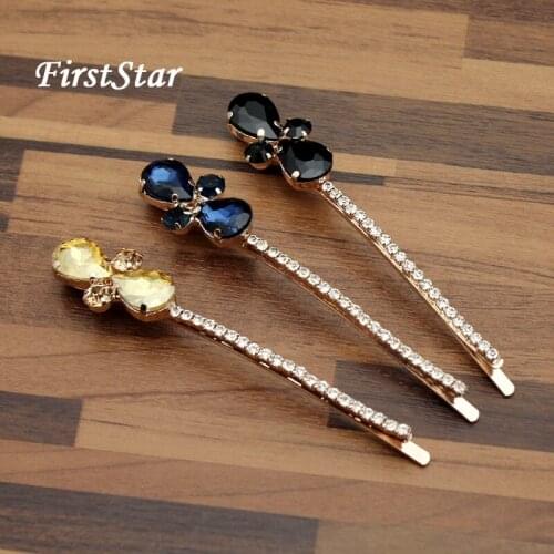 1 Pair FirstStar Luxury Black Crystal Rhinestone Hair Barrette Sparkly Elegant Diamante Hair Clip For Women Girls Head Jewelry