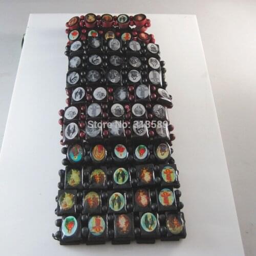 MIN ORDER 10$ CAN MIX DESIGN /12PCS PER LOT WOOD STRETCH CATHOLIC SAINT JESUS CROSS VIRGIN MARY IMAGE BRACELET SQUARE OVAL