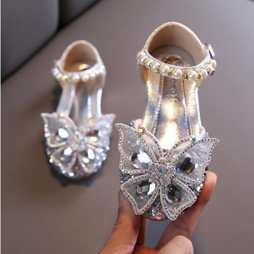 2020 Autumn Girls Shoes Glitter Mary Janes Pearl Princess Shoes Kids Butterfly Leather Shoes Children Flats Non-slip Toddlers