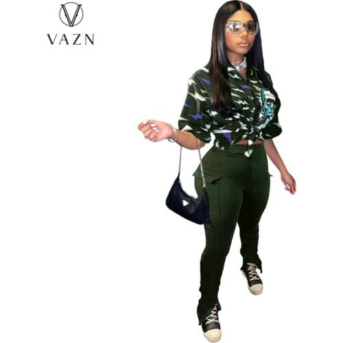 VAZN 2021 Camouflage New Design High Street Full Sleeve Sexy Colorful Print 2 Piece Set Women Top And Pant Summer