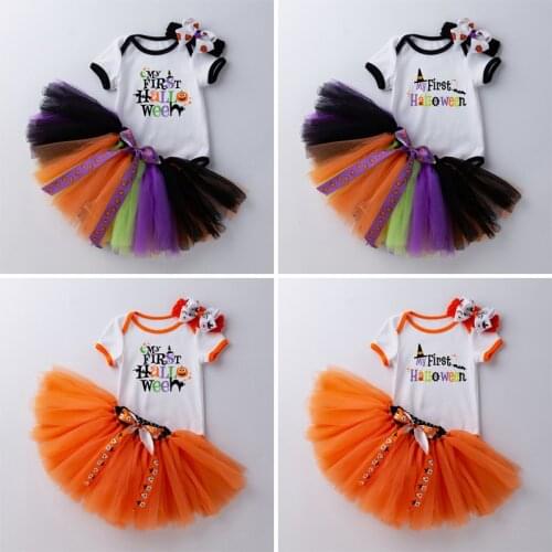 2021 Newborn Baby Girls 1st Halloween Clothing Set Bodysuit Tutu Skirt Headband Lace Jumpsuit Chiffon Halloween Clothes Costume