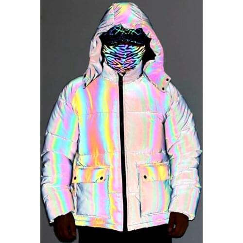 2021 Mens Winter Rainbow Color Reflective Workwear Cotton Jacket Large Pocket Stitching Hip Hop Hooded Reflective Cotton Jacket