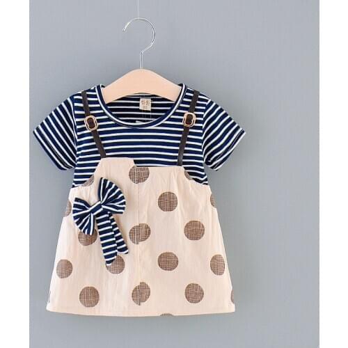2020 New Newborn Summer Casual Cute Infant Kids Baby Girl Cotton Striped Dot Bow O-neck Pretty Princess Party Dress Clothes 0-2T