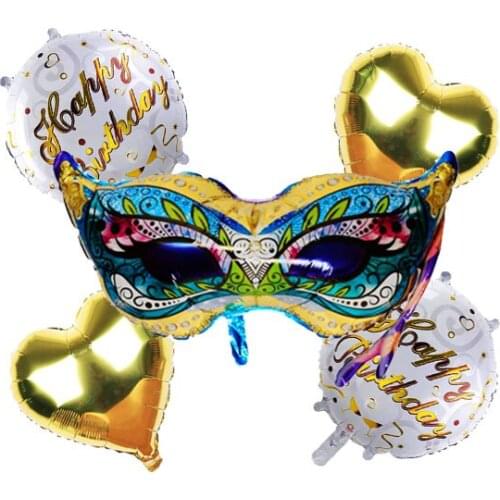 5 Pcs Set Mask Balloons 2 PCS 18 Inch Heart & 2 PCS 18 Inch Birthday Round Balloon Boy Girl Decoration Supplies Foil Balloons