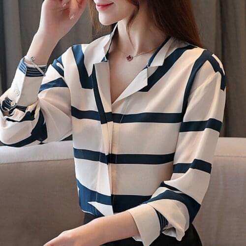 Blusas Mujer De Moda 2021 Blouse Women Long Sleeve Striped Chiffon Blouse Shirt V-neck Office Lady Blouse Women Blouses B696