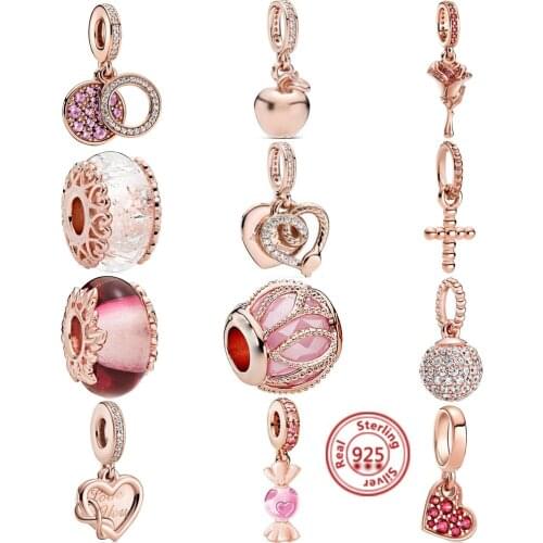 New Rose Gold Series Beaded Bow Heart-Shaped Beads Fit Original Charms Pandora Silver 925 Bracelet Bead DIY Women Jewelry