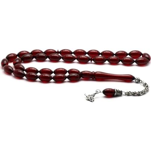 Rosary with 925 Sterling Silver Tassel and Barley Cut Red Amber Stone Natural Stone Beads Prayer Islamic Muslim Tasbih