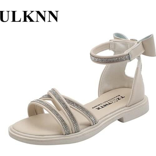 ULKNN Childrens Sandals Zipper Rhinestone Soft-soled Shoes Girl Bow Princess Kids Beach Dress Shoes PU Non-slip Summer 2021 New