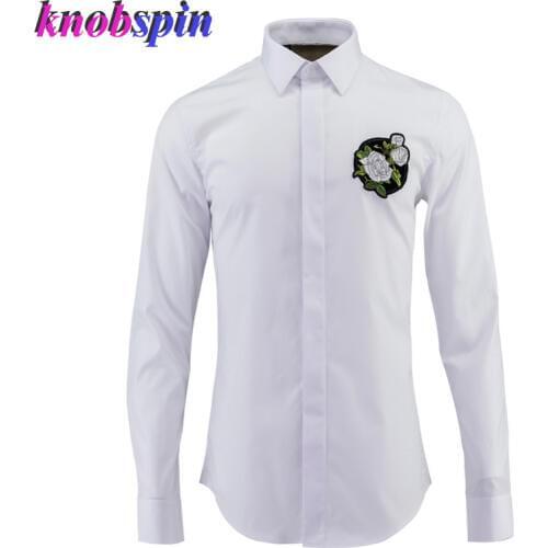 Elegant Embroidery Business male Dress shirt 2019 80% Cotton long sleeve Slim Casual mens shirts Solid Plus size 4XL 48 Camisas
