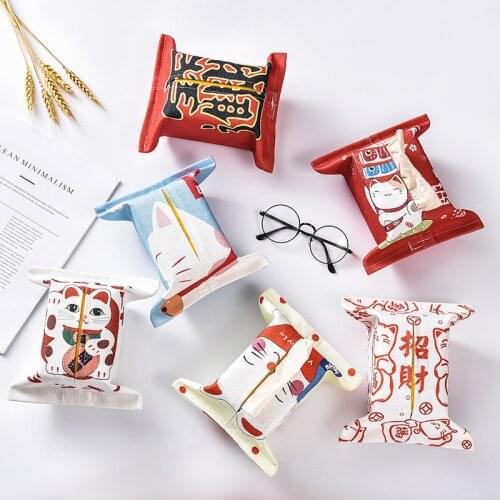 Fortune Cat Pattern Fabric Tissue Box Cover Handkerchief Napkin Holder Cover for Kitchen Car Toilet Tissue Case Container