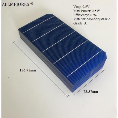 Monocrystalline solar cell 0.5V 2.5W high quality 156.75mm x 78.37mm for diy 100W solar panel 40pcs/Lot