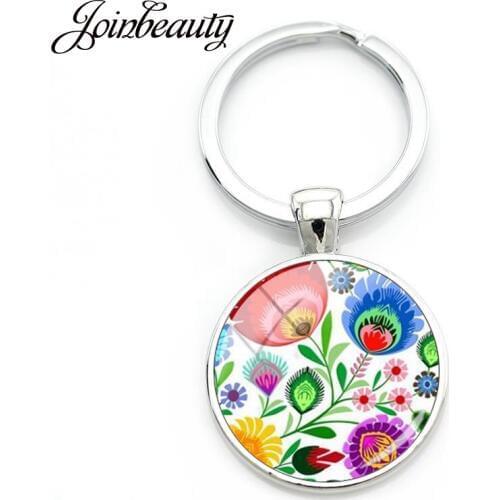 JOINBEAUTY Polish Folk Classical Flower Print Glass Cabochon Dome Keychain Charms Key Chain Keyring Key Holder Jewelry Gift PF05