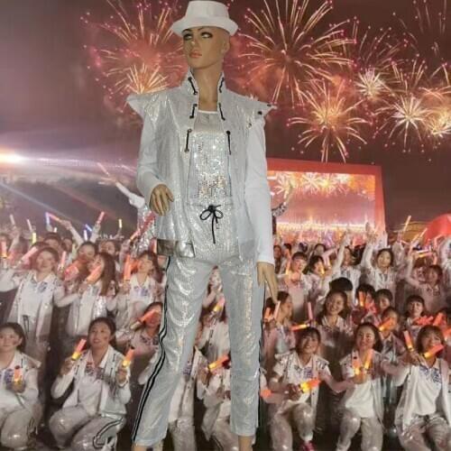 Nightclub Bar Male Singer Host Silver Sequin Suit Magic Performance Jazz Dance Costume Evening Clothes Vest + Pants Sets DWY2708