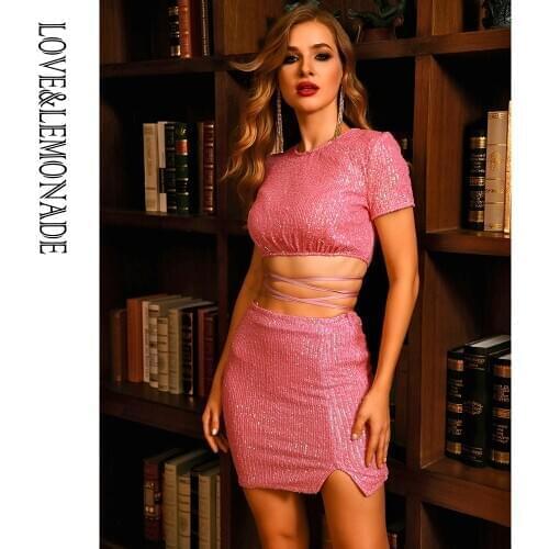 LOVE&LEMONADE Sexy Pink Cut Out Changeable Bodycon Two-Pieces Elastic Sequins Set AT02116
