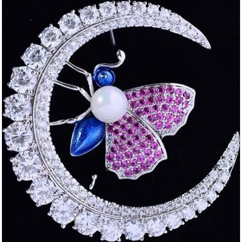 Zlxgirl Fashion Moon Shape Brooch for women bridal jewelry scarf pins Gold copper Micro Paved Popular Gifts