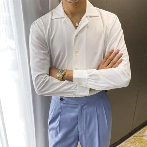 Male Cuban collar slim solid color white shirt spring and summer casual British business shirt design sense inch clothing