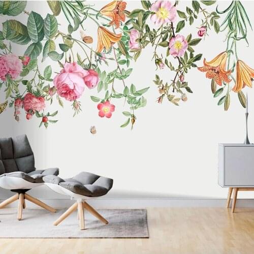 Custom Mural Hand Painted Green Plant Flowers Wall Painting Wallpaper Pastoral Bedroom Living Room Wall Home Decoration Fresco