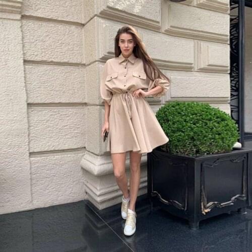 Women Casual Summer Dress Turn-Down Collar Three Quarter Lantern Sleeve A-Line Sashes Mini Dress Casual Office Lady Street Wear