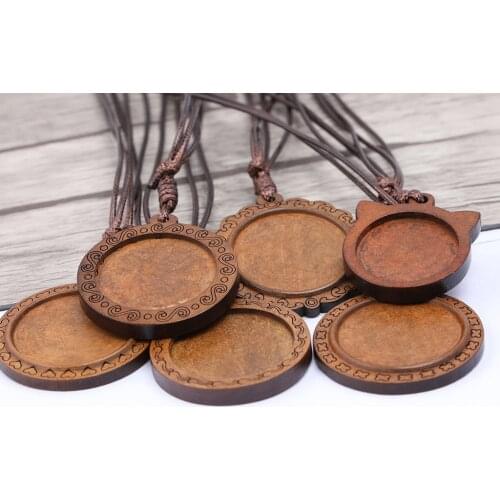 2pcs Fit 25mm 30mm Round Cabochon Wood Pendant Base Setting Trays Diy Leather Cord Necklace Bezels For Jewelry Making Findings