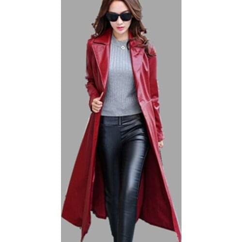 Casual Windbreaker Jacket Trench Outwear Womens Long Coat Faux Leather Slim Belt