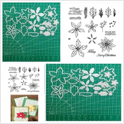POINSETTIA Christmas Metal Cutting Dies and Stamps for Scrapbooking Craft Stencil DIY Album Template Model Clear Stamps and Dies