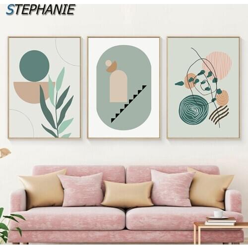 Contemporary Art Green plant leaves Posters Prints Abstract Geometric Pattern Canvas Painting Wall Art Pictures for Living Room