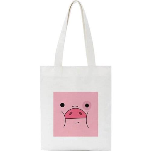 Cute Pigs Cartoon Print Shoulder Bags Large Capacity Canvas Bag Casual White Shopping Bags Handbag Cute Women Bag