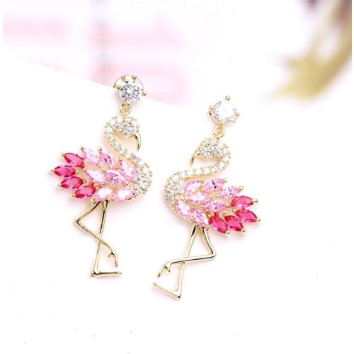 Trendy Classic Colorful Cubic Zirconia Flamingos Drop Earrings For Women Fashion Animal Pink Purple Earring Female Party Jewelry
