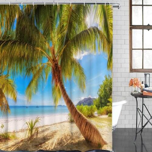Palm Tree Beach Cloud Boat Shower Curtain Polyester Fabric Bathroom Home Decor Waterproof Shower Curtains with Hooks