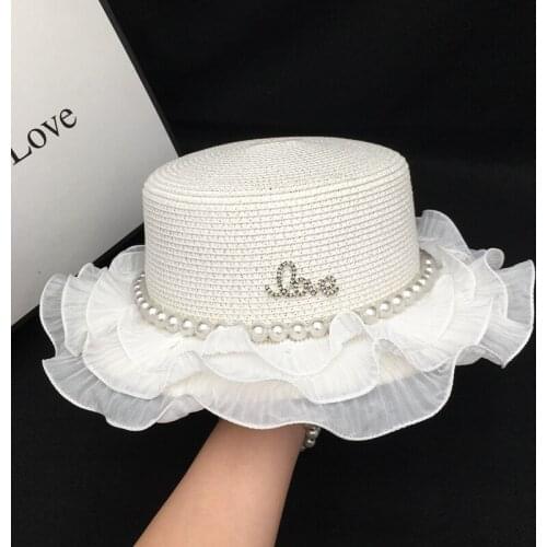 French society shows hat the summer womens sun hat travel white pearl diy straw wide brim sun hat flat