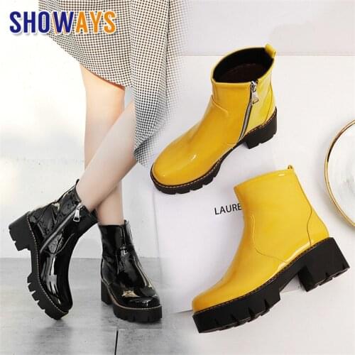 Winter Women Punk Boots Black Yellow Patent Leather High Square Heel Party Office Ladies Plush Round Zipper Ankle Platform Boots