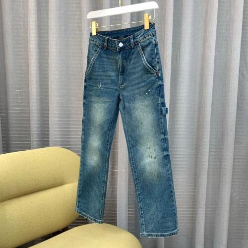 Distressed Oil Stain Printed Pocket Washed Womens Cropped Jeans