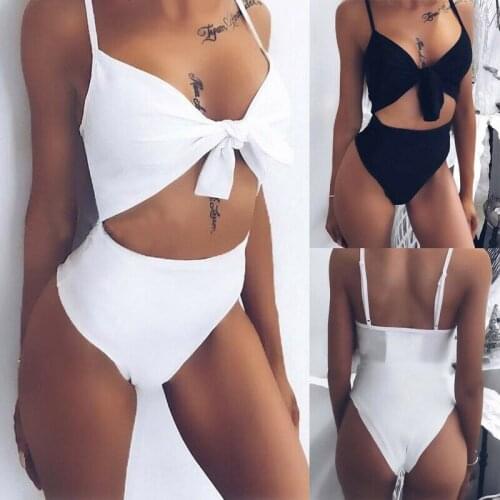 Women Solid High Waist One Piece Swimsuit Ladies Bandage Bownot Push Up Padded Swimwear Female Summer Beachwear Bathing Monokini
