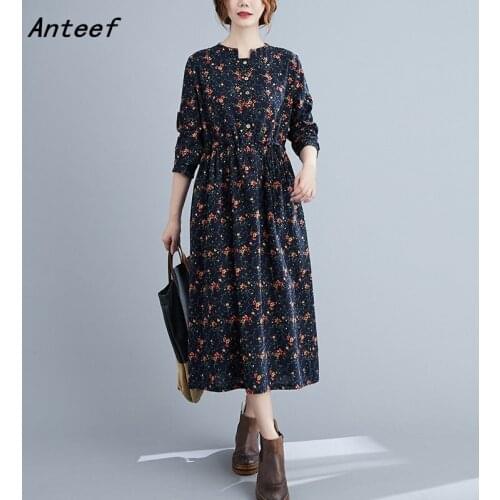 Anteef long sleeve cotton linen vintage floral dresses for women casual loose spring autumn dress elegant clothing 2021