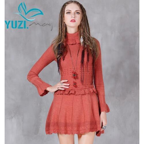 Winter Women Dress 2017 Yuzi.may Boho New Cotton Wool Vestidos A-line Turtleneck Ruffles Hem Combo Knitting Dresses A8176