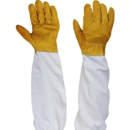 1 pair Beekeeper Bee Keeping Tools Anti-bee Anti-sting sheepskin and canvas for Apiculture beekeeping gloves yellow/white #2021