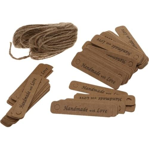 100pcs Handmade with Love Kraft Paper Gift Tags Labels Strung Hanging Cards Brown