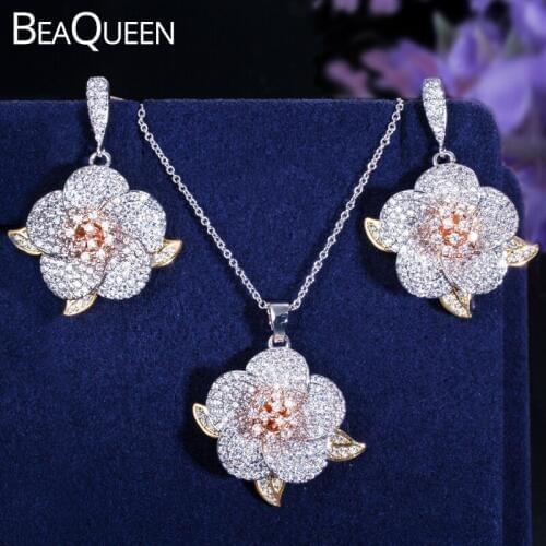 BeaQueen Elegant Big Leaf Flower Drop Earrings Pendant Necklace Cubic Zirconia Micro Pave Engagement Jewelry Set for Women JS185