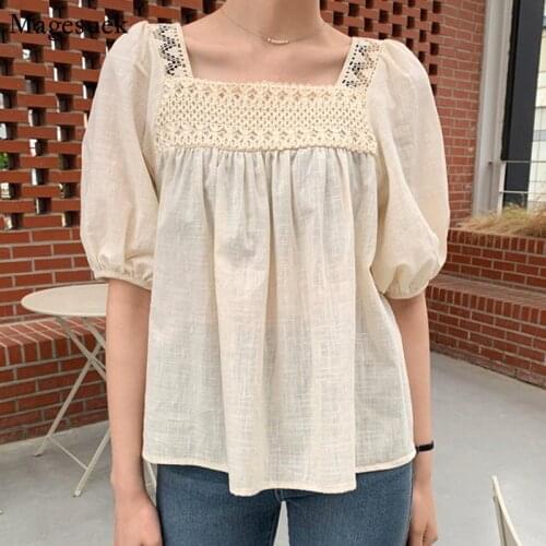 Plus Size Women Blouses Summer Korean Chic Puff Sleeve Tops Women Square Neck Hollow Lace Splicing Vintage Shirt Female 15342