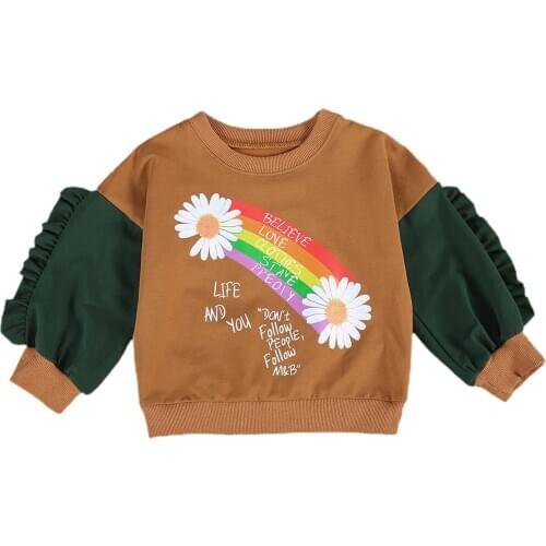 Kids Floral Top, Fall Shirt, Round Neck Long-Sleeve Casual Cartoon Patchwork Ruffle Hem Blouse