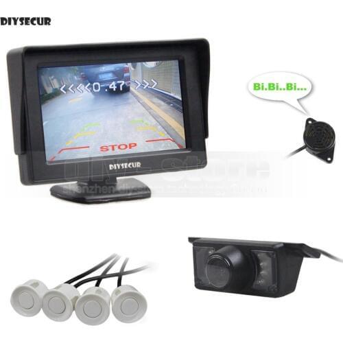 DIYSECUR 4.3 Inch Rear View Car Monitor + Waterproof IR Night Vision Car Camera Video Parking Radar 4 Sensors + Speaker